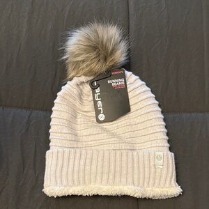 Cream Layer 8 Women’s Running Beanie with Faux Fur Pom